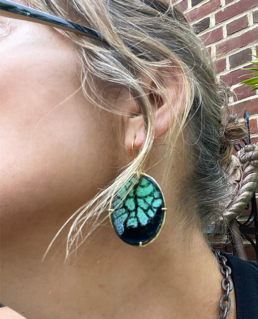 enamel earrings, prong-set, turquoise/black scraffito