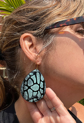 Enamel earrings, turquoise and black lattice, teardrop