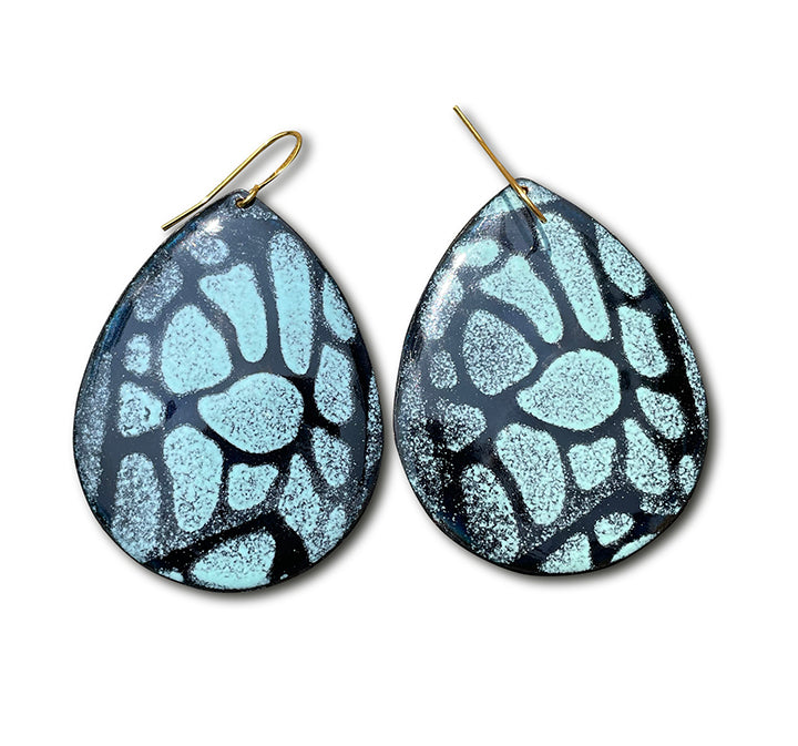 Enamel earrings, turquoise and black lattice, teardrop