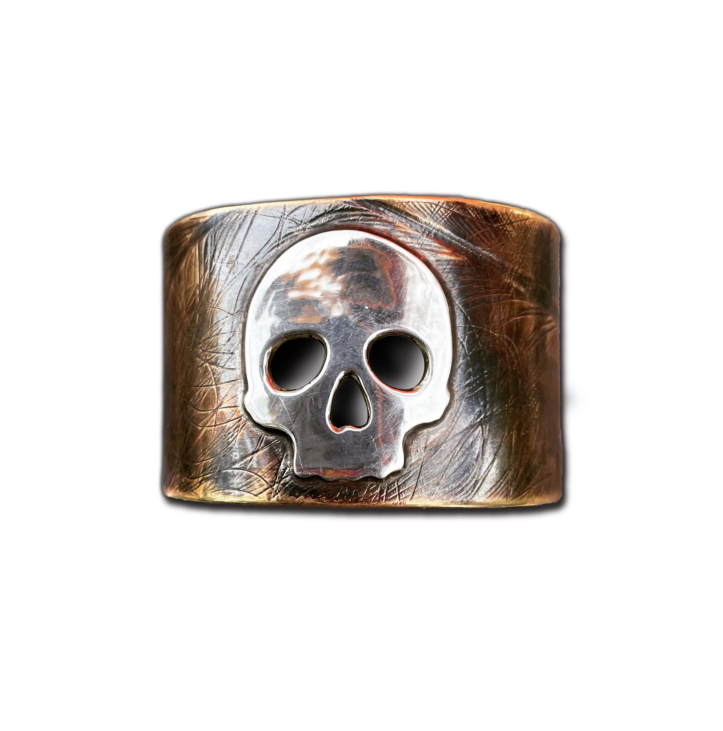 Cuff bracelet, polished sterling silver and textured brass