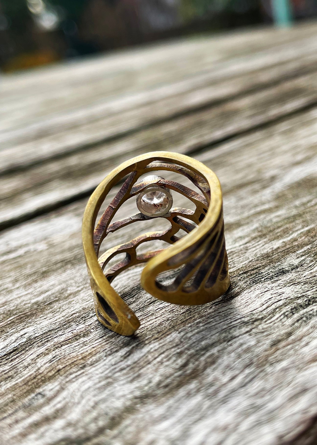 Cicada wing ring with cubic zirconia