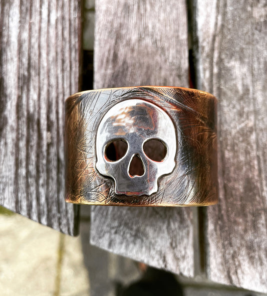 Cuff bracelet, polished sterling silver and textured brass