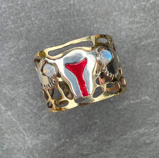 Cuff Bracelet, Sterling Silver Uterus, Moonstones and Powdercoat