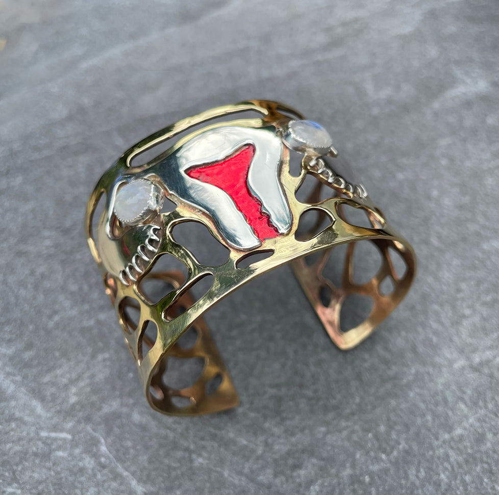 Cuff Bracelet, Sterling Silver Uterus, Moonstones and Powdercoat