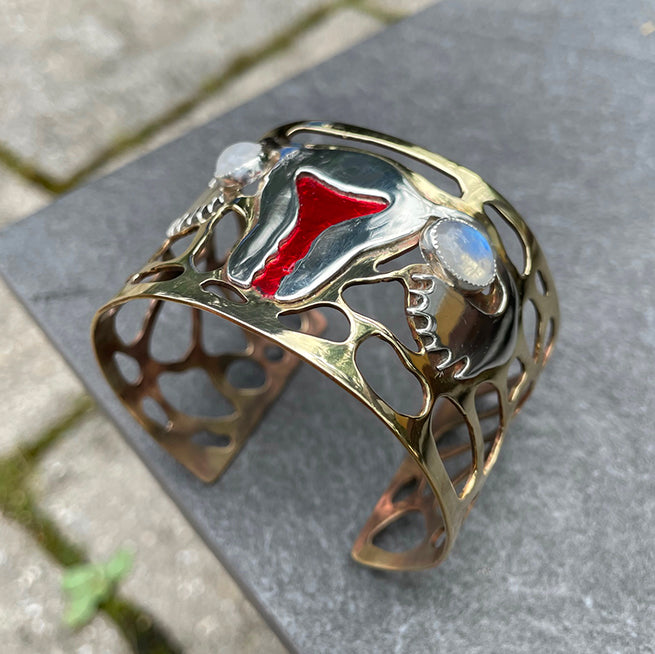 Cuff Bracelet, Sterling Silver Uterus, Moonstones and Powdercoat