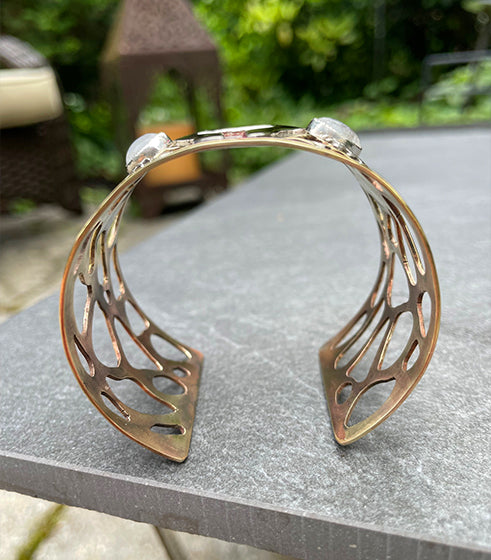 Cuff Bracelet, Sterling Silver Uterus, Moonstones and Powdercoat