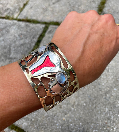 Cuff Bracelet, Sterling Silver Uterus, Moonstones and Powdercoat