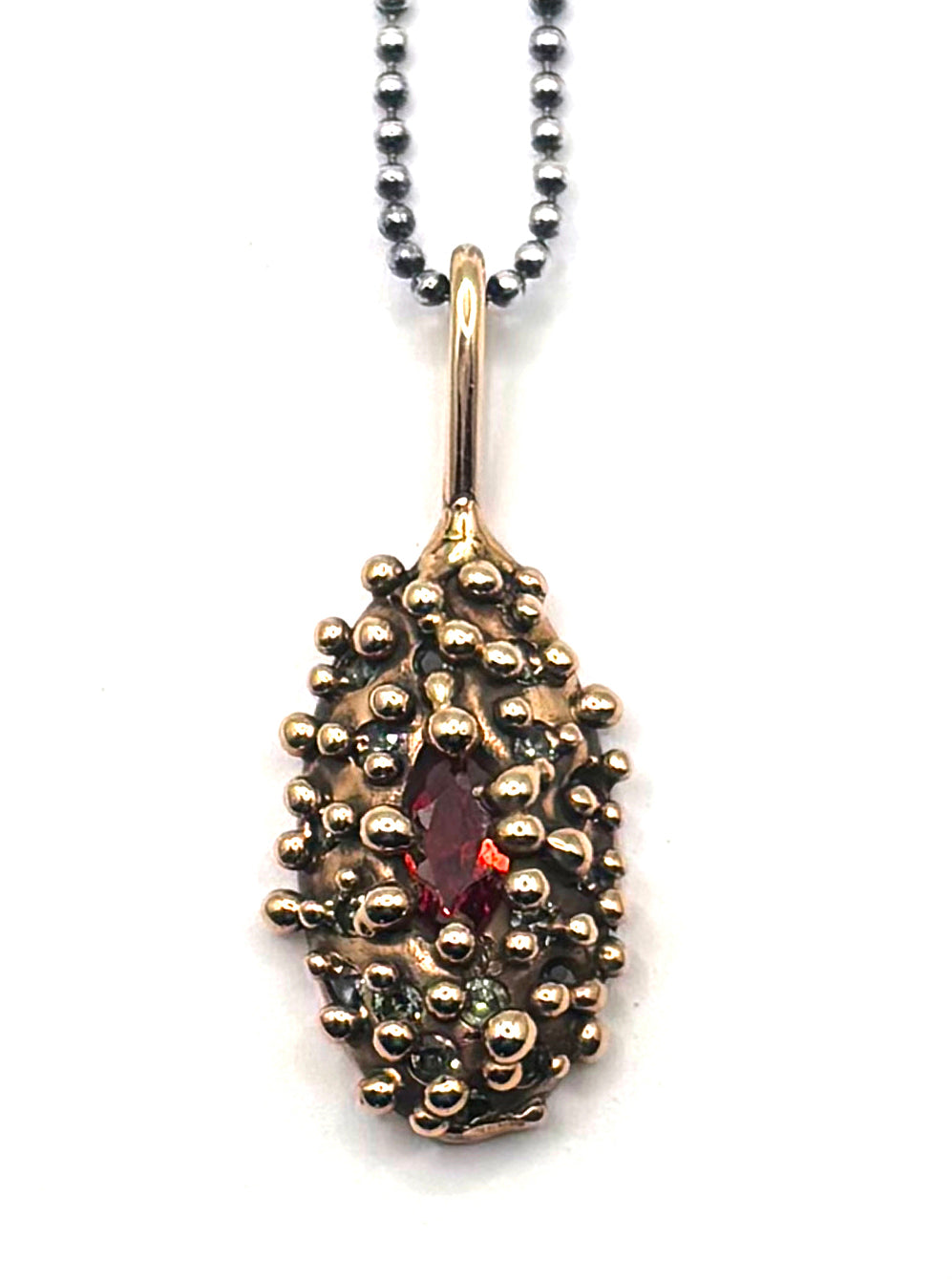 Bronze Bubble Oval Pendant with Red Stone