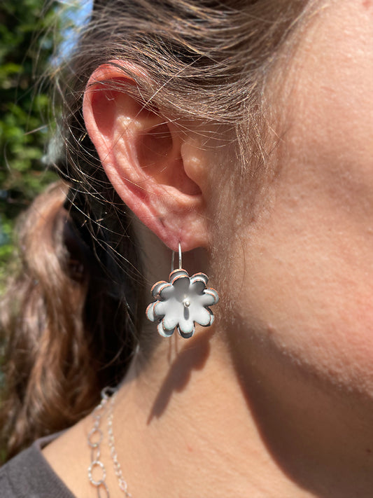 white enamel flower dangle earrings