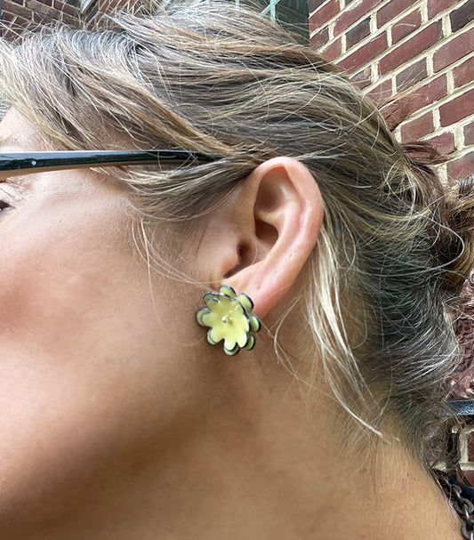 Yellow enamel double flower post earrings